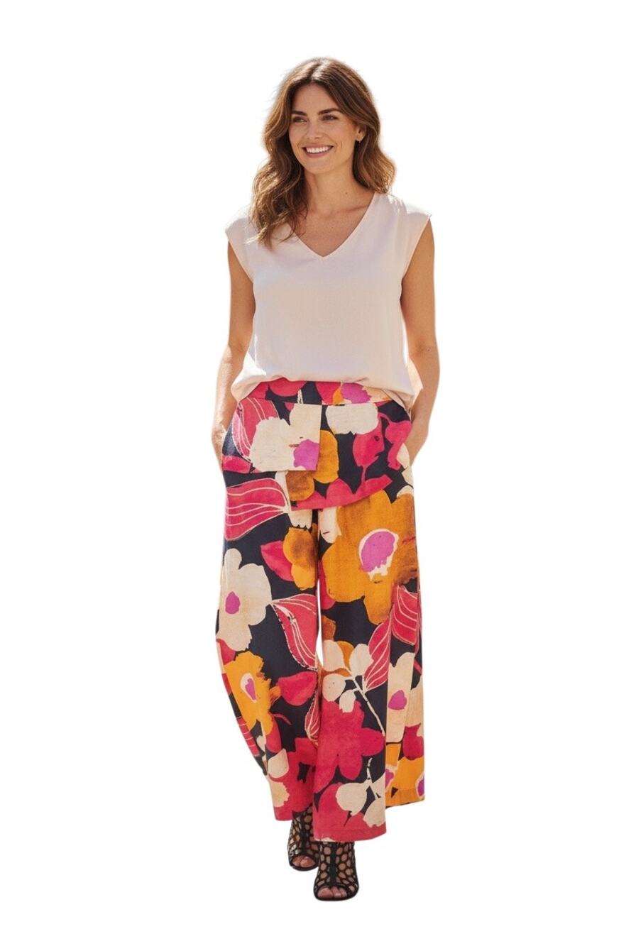 IC Collection $178 Woven Floral Print Fuchsia Palazzo Pants Boho Wide Leg Size L